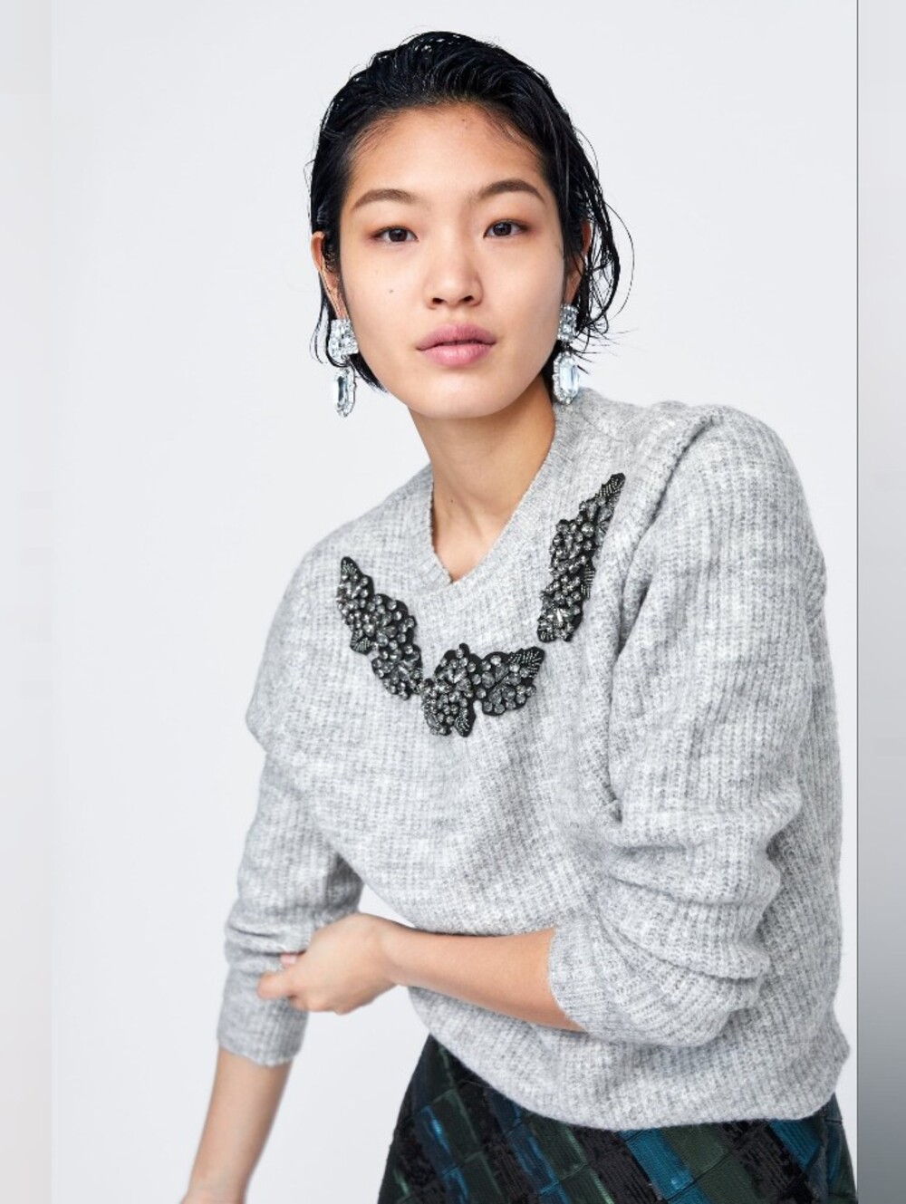 ZARA knit Beaded Embellished Crew Neck Soft Sweater Sz S